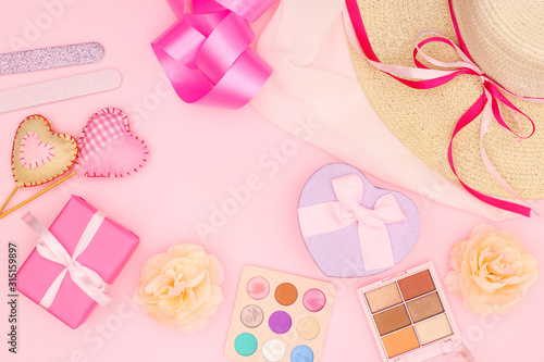 Femininity and girly stylish and trendy pastel pink colored accessories and decoration 
