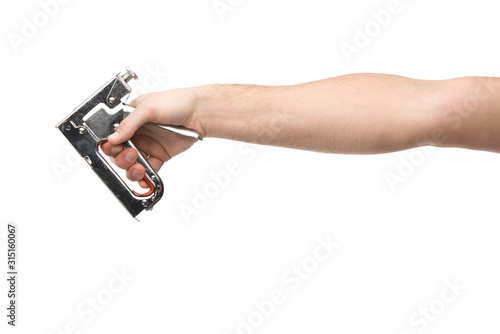 cropped view of man holding construction stapler isolated on white