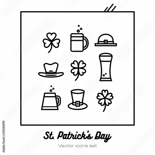 Saint Patricks day vector icons set. Black white line art flat icons for logo, sign, buttons. Minimalist st. Patricks day menu, flyer, poster. Isolated clover, beer glass, leprechaun hat, smoking pipe