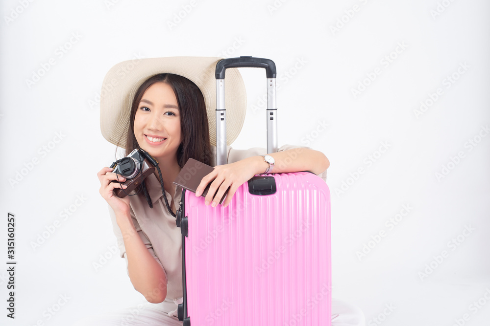 Beautiful Asian woman tourist on white background Beautiful Asian woman tourist on white background