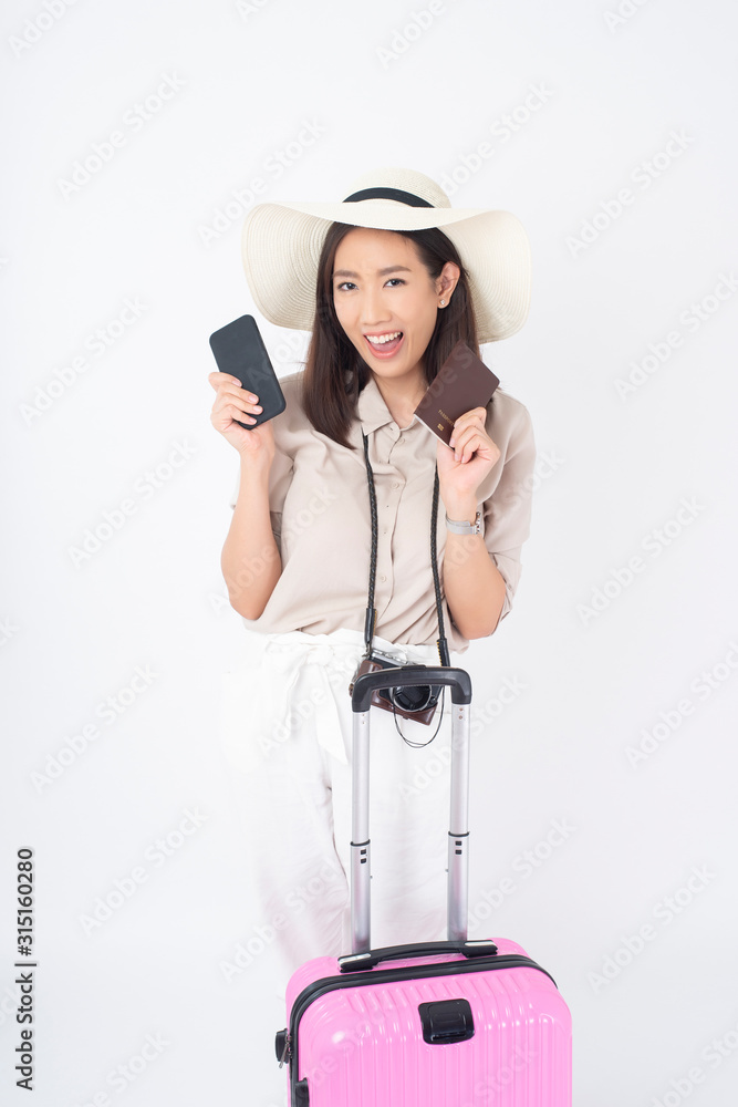 Beautiful Asian woman tourist on white background Beautiful Asian woman tourist on white background