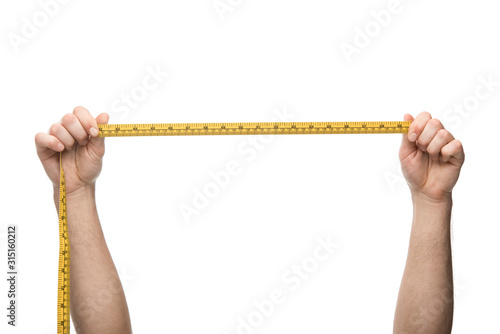 cropped view of man holding measuring tape isolated on white photo