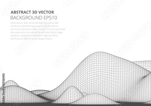 Abstract 3D image of a mountain with a polygonal mesh. View from a great height. Landscape on a white background.