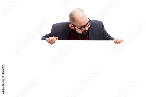 A bald man with glasses and a beard holds an empty banner. Isolated over white background. Space for text.