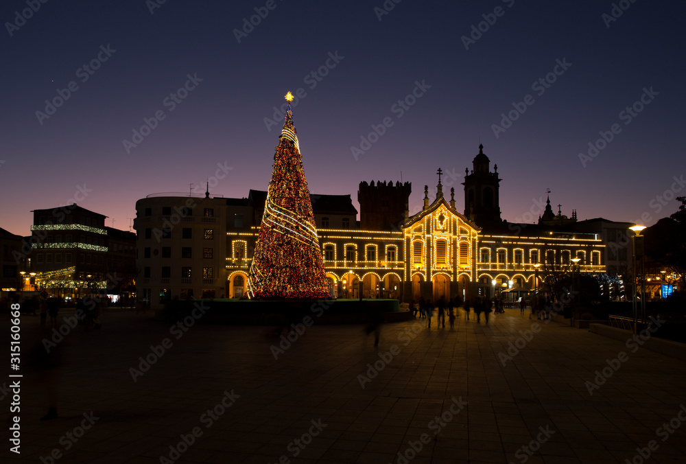 Christmas city lights decoration with an enormous tree in Braga, Portugal.	