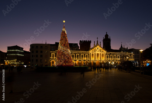 Christmas city lights decoration with an enormous tree in Braga  Portugal. 