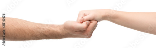 panoramic shot of woman and man holding hands isolated on white