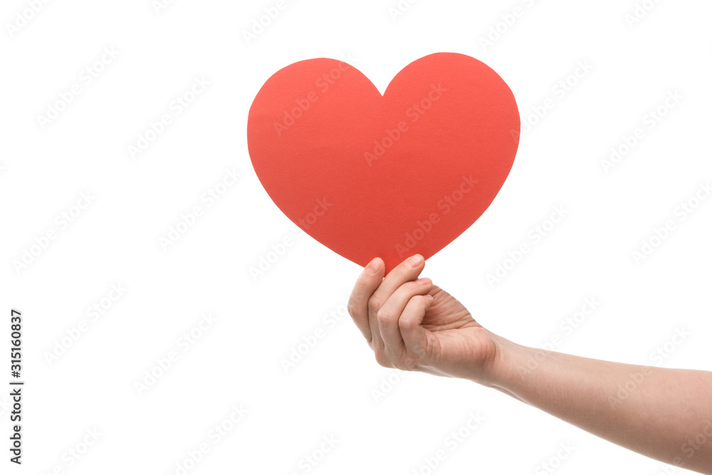 cropped view of woman holding heart-shaped card isolated on white cropped view of woman holding heart-shaped card isolated on white
