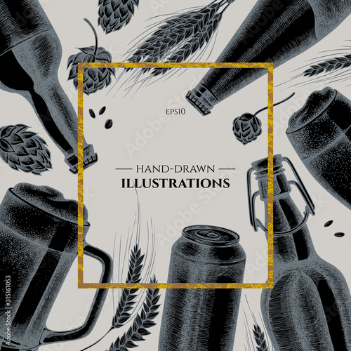 Badge over design with rye, hop, mug of beer, bottles of beer, aluminum can