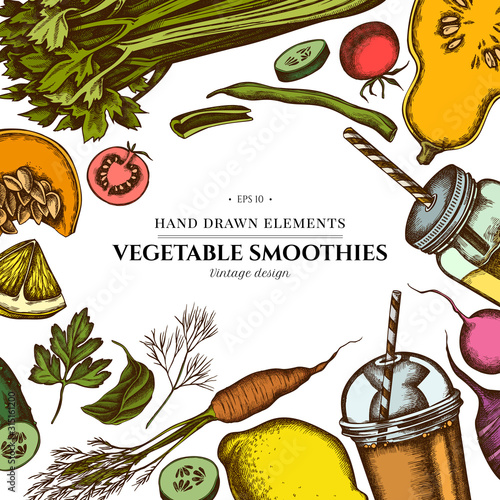 Colored elements design with lemons, broccoli, radish, green beans, cherry tomatoes, beet, greenery, carrot, basil, pumpkin, smoothie cup, smothie jars, cucumber, celery
