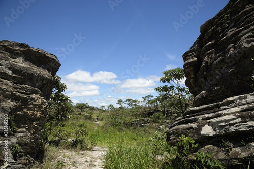 Stone Hill and Blue Sky with White Clouds in Brazil