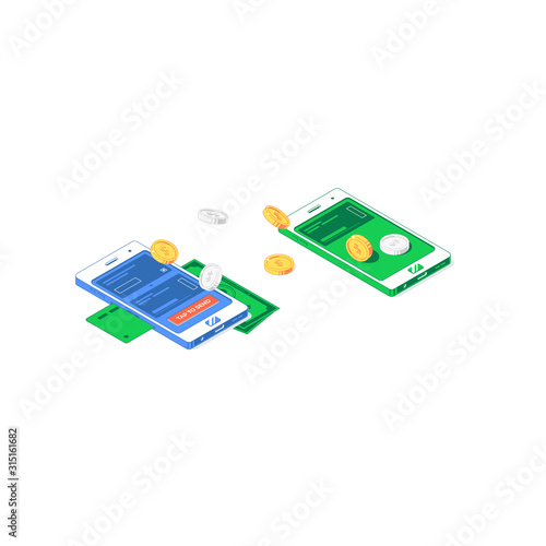 Isometric cash flow smartphone application. Vector illustration of card, banknote, golden and silver coins with two phones
