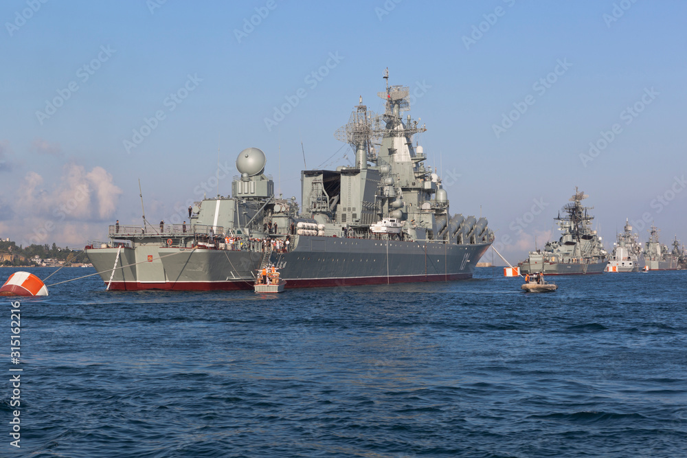 Moscow missile cruiser at a rehearsal of the Navy Day parade in Sevastopol Bay, Crimea