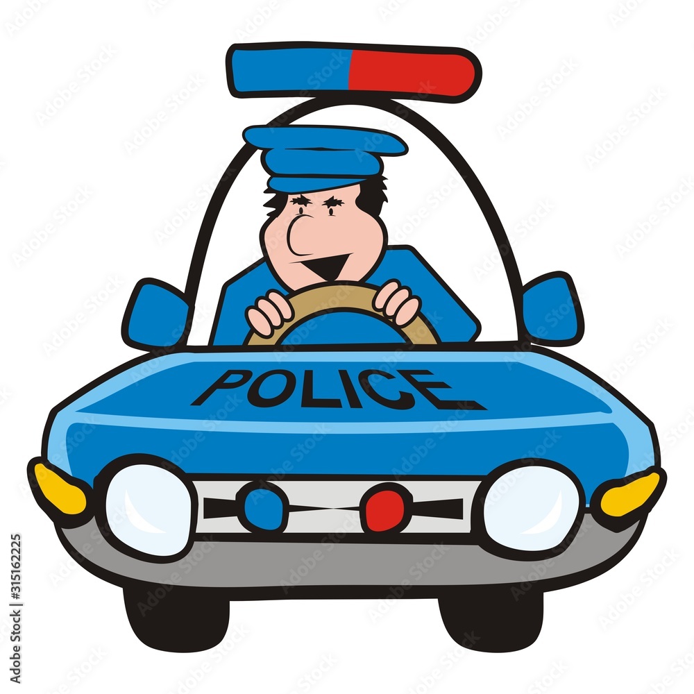 Obraz premium police man at car, funny vector illustration