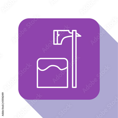 White line Executioner axe in tree block icon isolated on white background. Hangman, torturer, executor, tormentor, butcher, headsman. Purple square button. Vector Illustration