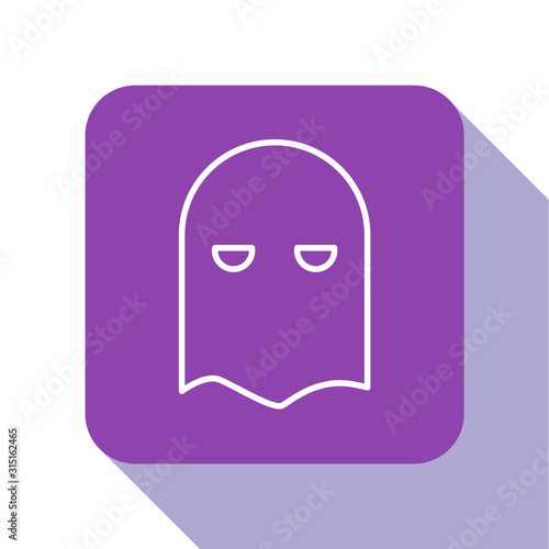 White line Executioner mask icon isolated on white background. Hangman, torturer, executor, tormentor, butcher, headsman icon. Purple square button. Vector Illustration