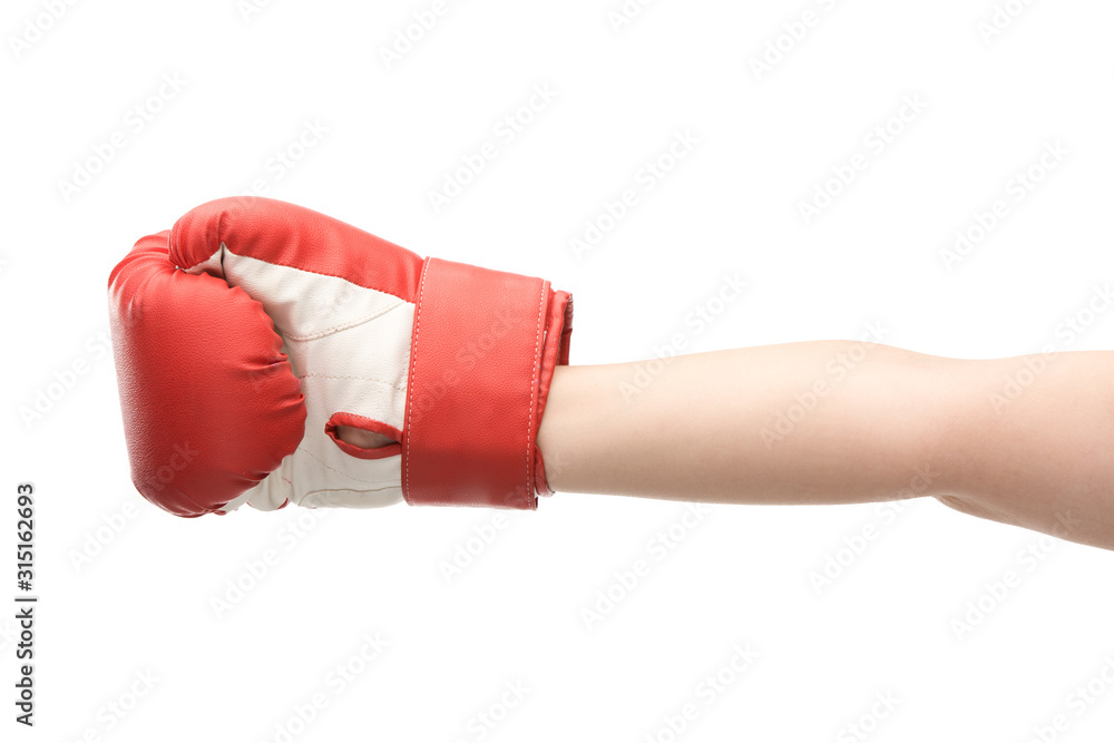 cropped view of woman in boxing glove isolated on white