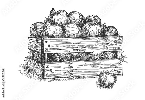 Wooden crate box with fresh apples