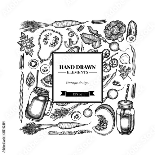 Square design with black and white lemons, broccoli, radish, green beans, cherry tomatoes, beet, greenery, carrot, basil, pumpkin, smoothie cup, smothie jars, cucumber, celery