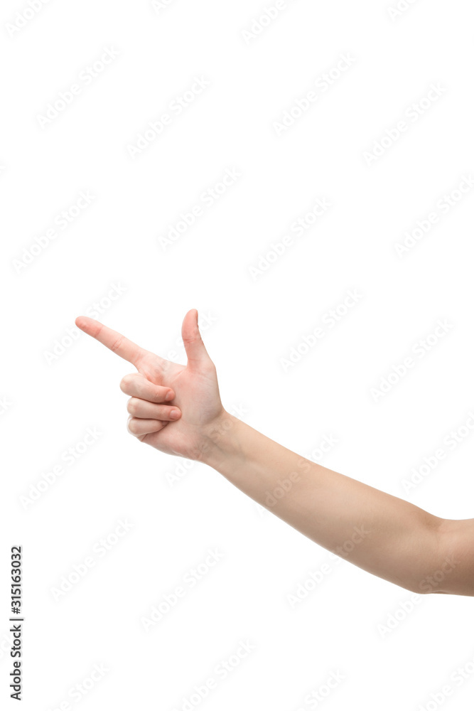 cropped view of woman pointing with finger isolated on white cropped view of woman pointing with finger isolated on white