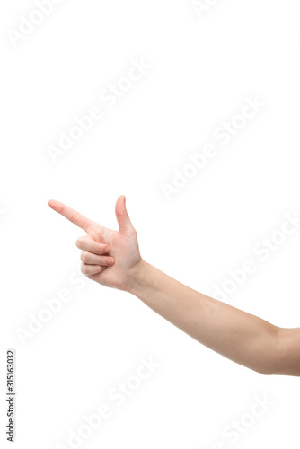 cropped view of woman pointing with finger isolated on white