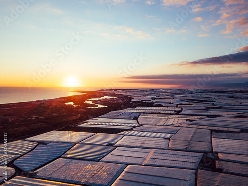 Slika na platnu Aerial panorama greenhouses in the Almerimar, Spain, at sunset