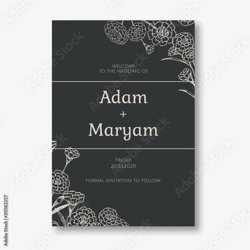 wedding invitation minimalist card design style with beauty doodle hand drawn carnation flower ornament outline vintage frame background mockup template vector illustration