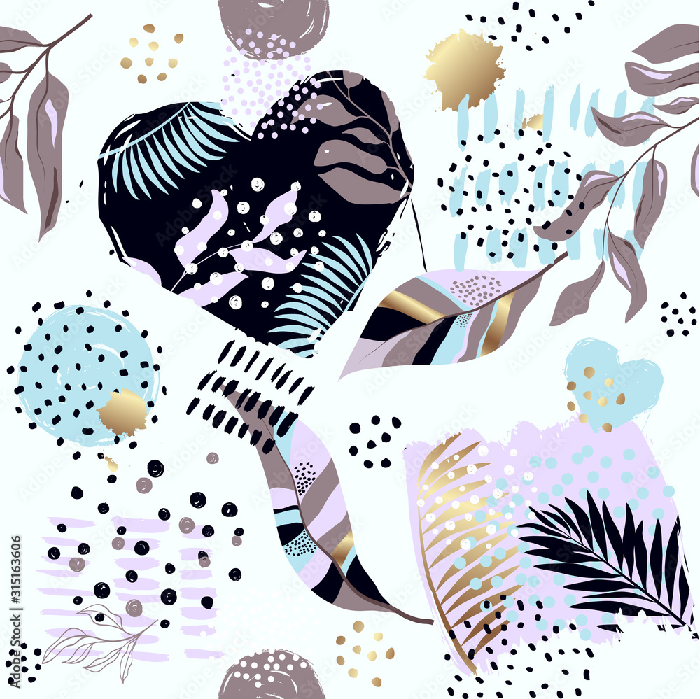 Obraz Seamless exotic pattern with tropical plants and gold glitter elements. Vector