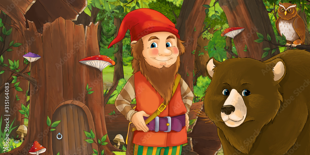 cartoon scene with happy dwarf in the forest near some house in the old tree and near some owls birds - illustration for children