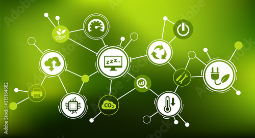 Green computing / green IT connected icon concept: environmentally sustainable ICT, Recycling, cloud computing, systems design – vector illustration