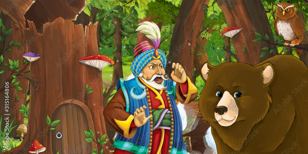 cartoon scene with prince or king in the forest near some house in the old tree and near some owls birds - illustration for children cartoon scene with prince or king in the forest near some house in the old tree and near some owls birds - illustration for children