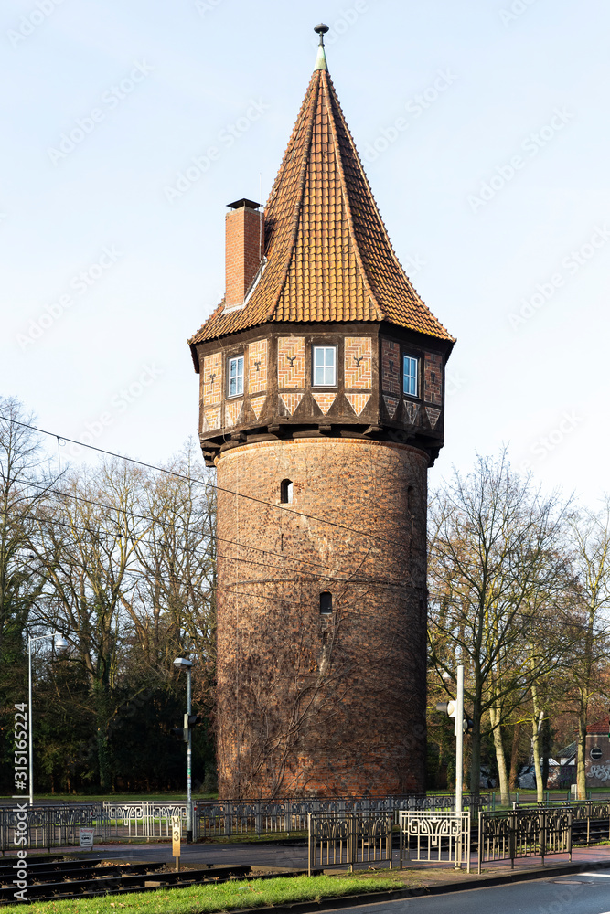 Naklejka premium Hannover, Lower Saxony, Germany - January 11, 2020: The Dšhrener Turm / Doehren Tower, was build in 1382 to protect the pass through a defensive dyke. It was burned in 1486 an rebuild in 1488
