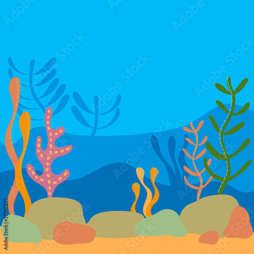 Multilayer Underwater world  landscape with seaweed. the silhouette of the plants in a flat cartoon style.