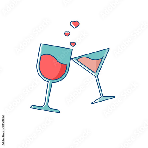 Love icon with clinking glasses. Romantic elements of wine and drink glasses. Valentines day sticker with symbols of cheers and romantic dating. Vector illusutration in flat design