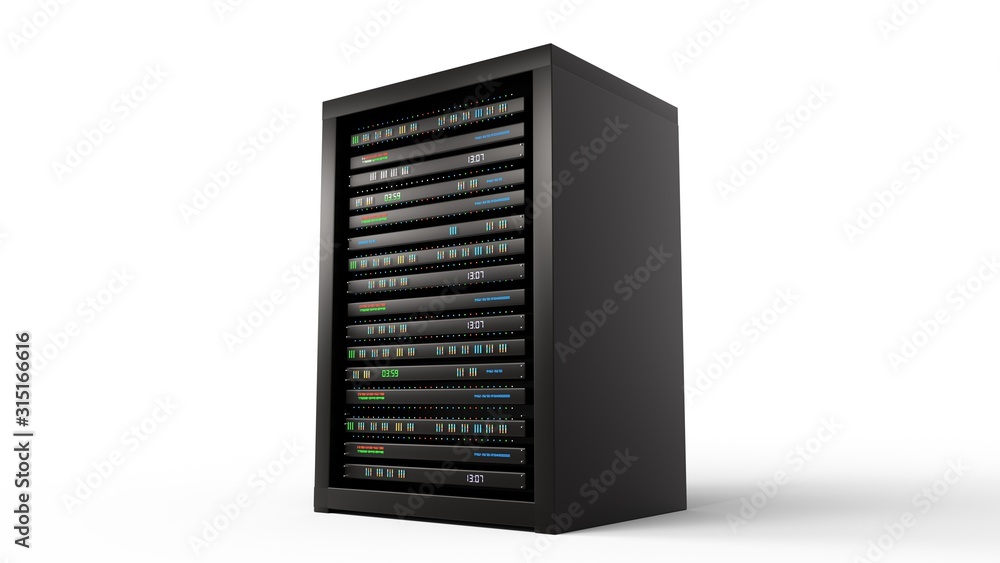 Modern server rack. Server rack image. Isolated on white background. 3d render Modern server rack. Server rack image. Isolated on white background. 3d render