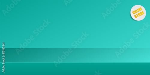 Empty vivid menthol studio background for internet sale shopping. Banner advertise product with white sticker and text online store. Vector mock up illustration for design website green landing page.