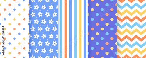Scrapbook seamless pattern.. Vector. Cute backgrounds. Textures for scrap design. Chic paper with polka dot, stripe, zigzag, flower. Trendy blue yellow print. Color backdrop illustration.