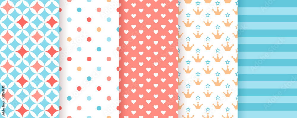 Scrapbook background. Seamless pattern. Vector. Cute print for scrap design. Textures with polka dot, heart, crown, stripe, star. Chic packing paper. Trendy blue pink backdrop. Color illustration. Scrapbook background. Seamless pattern. Vector. Cute print for scrap design. Textures with polka dot, heart, crown, stripe, star. Chic packing paper. Trendy blue pink backdrop. Color illustration.