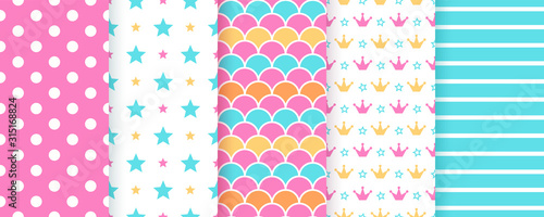 Scrapbook texture. Seamless pattern. Vector. Cute background for scrap design. Chic paper with polka dot, star, stripe, crown, fish scale. Trendy blue pink print. Color illustration Geometric backdrop
