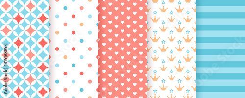Scrapbook background. Seamless pattern. Vector. Cute print for scrap design. Textures with polka dot, heart, crown, stripe, star. Chic packing paper. Trendy blue pink backdrop. Color illustration.
