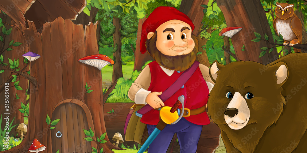 cartoon scene with happy dwarf in the forest near some house in the old tree and near some owls birds - illustration for children cartoon scene with happy dwarf in the forest near some house in the old tree and near some owls birds - illustration for children