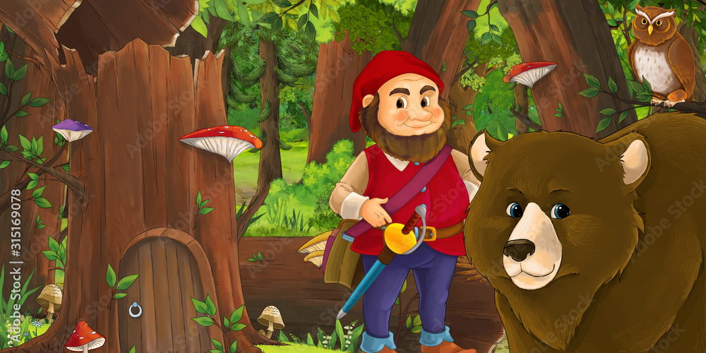 cartoon scene with happy dwarf in the forest near some house in the old tree and near some owls birds - illustration for children cartoon scene with happy dwarf in the forest near some house in the old tree and near some owls birds - illustration for children