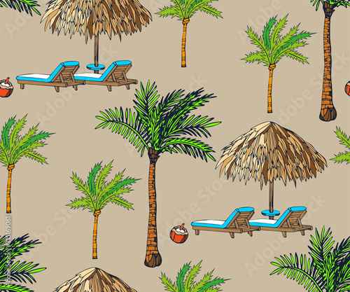Beach pattern with palms. Decorative background. Vector seamless pattern illustration. Print for textile, cloth, wallpaper, scrapbooking