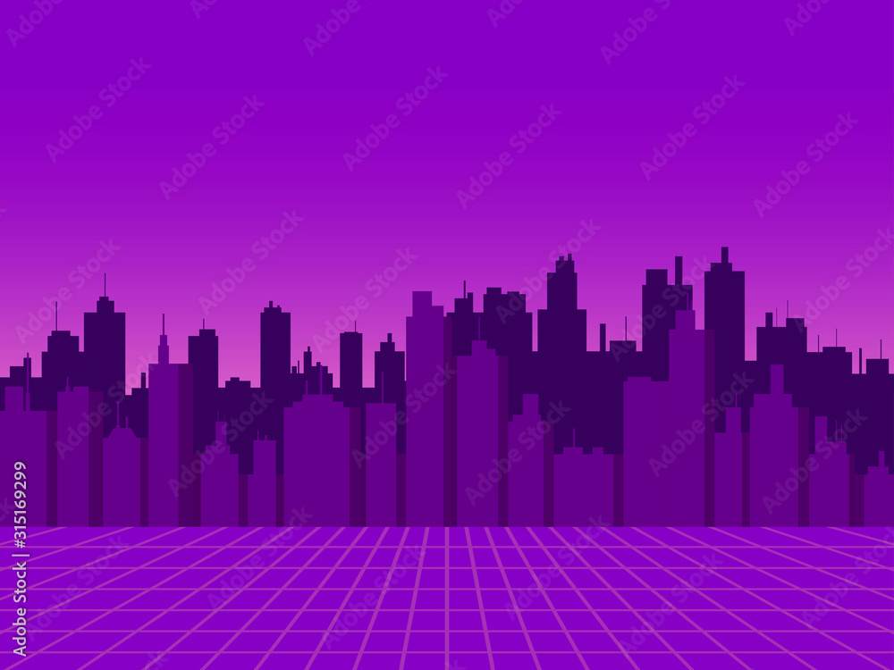 Cityscape. View of the night city with skyscrapers in the style of the 80s, retro futurism, sci-fi city silhouette. Vector illustration
