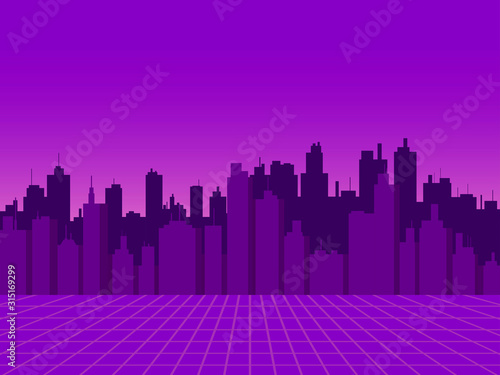 Cityscape. View of the night city with skyscrapers in the style of the 80s, retro futurism, sci-fi city silhouette. Vector illustration