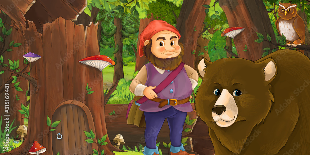 cartoon scene with happy dwarf in the forest near some house in the old tree and near some owls birds - illustration for children