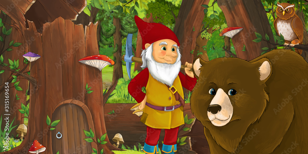 cartoon scene with happy dwarf in the forest near some house in the old tree and near some owls birds - illustration for children cartoon scene with happy dwarf in the forest near some house in the old tree and near some owls birds - illustration for children
