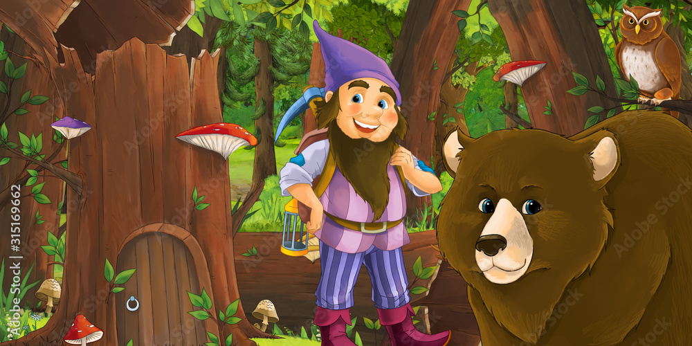 cartoon scene with happy dwarf in the forest near some house in the old tree and near some owls birds - illustration for children cartoon scene with happy dwarf in the forest near some house in the old tree and near some owls birds - illustration for children