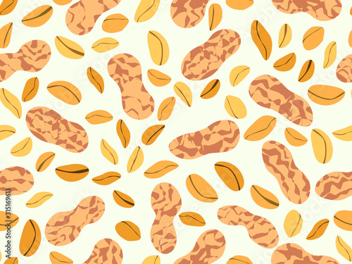 Peanut seamless pattern. Roasted peanuts in shell. Background design for printing on wrappers, packaging, fabrics and wallpapers. Vector illustration