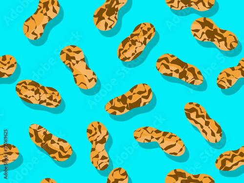 Peanut seamless pattern. Roasted peanuts in shell on blue background. Background design for printing on wrappers, packaging, fabrics and wallpapers. Vector illustration